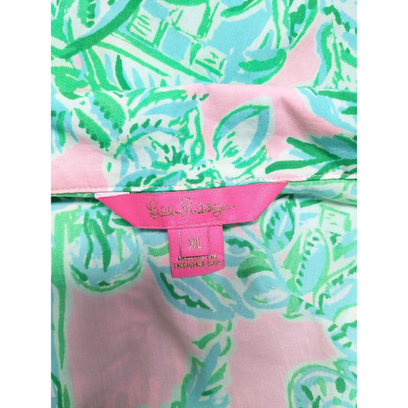 Lilly Pulitzer XL Button Up Pajama Top Green Pink Cotton Botanical Long Sleeves - Picture 12 of 13